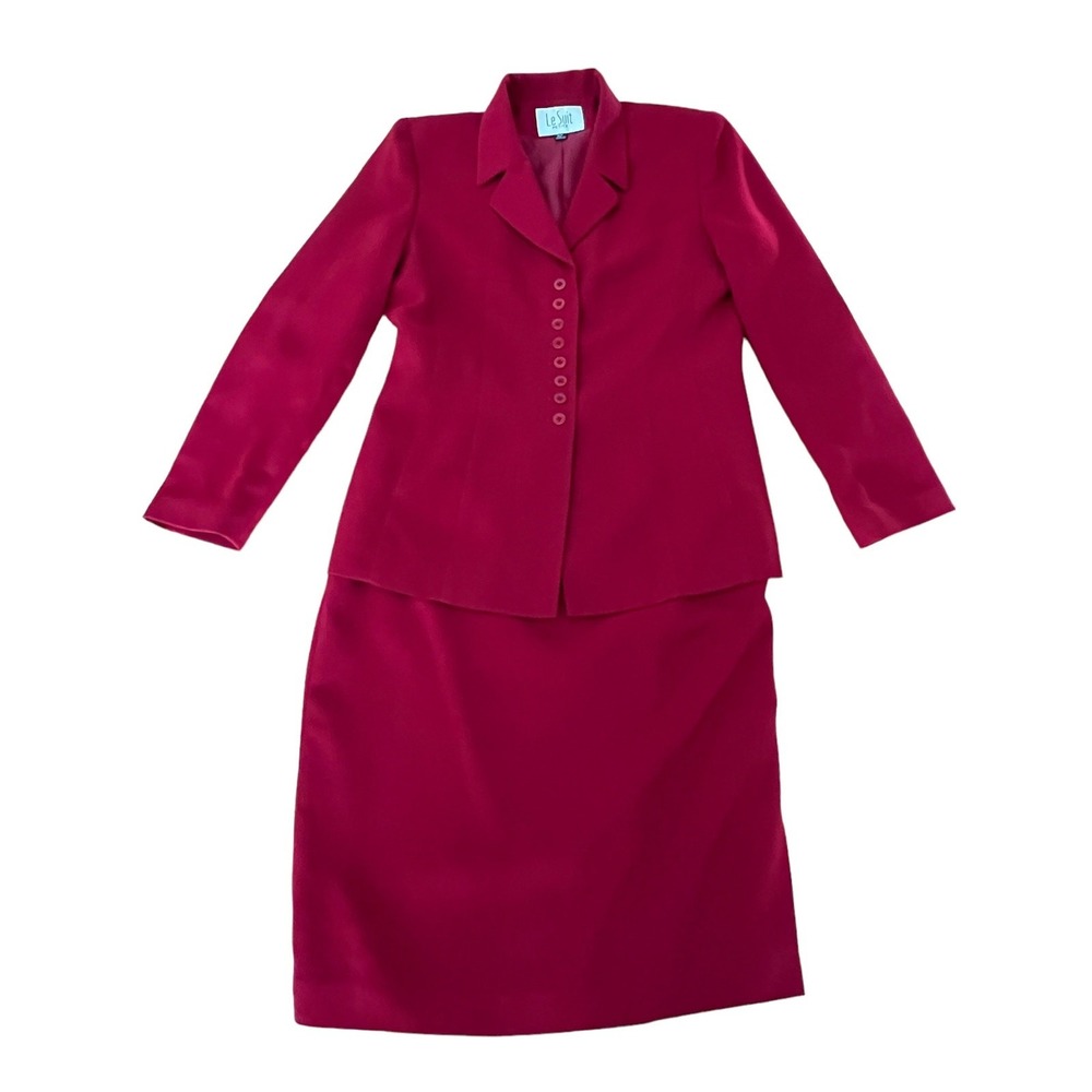 VTG Le Suit Skirt Suit Set Womens 8P Pink Blazer Midi Skirt Professional Career‎